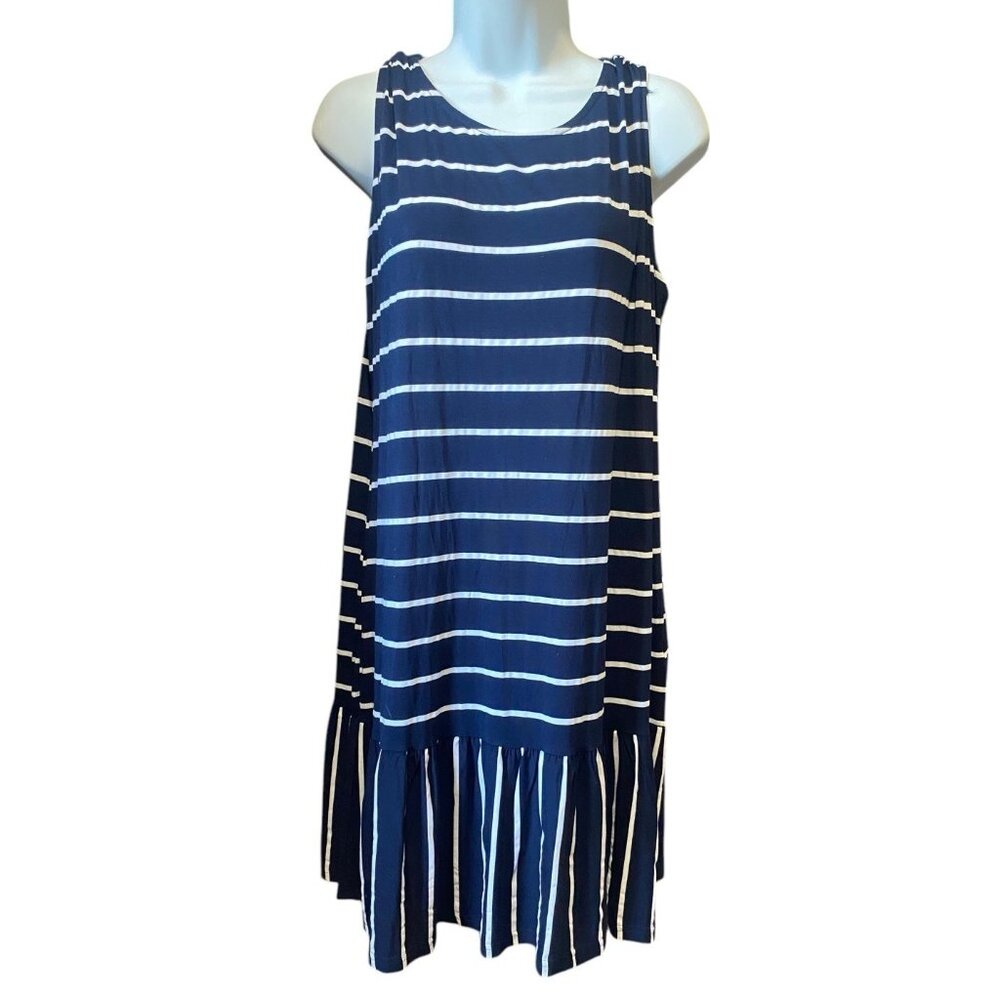 Vintage Y2K Exist Tank Dress XL Navy Stripe‎ Ruffle Knit Stretch Beach Nautical